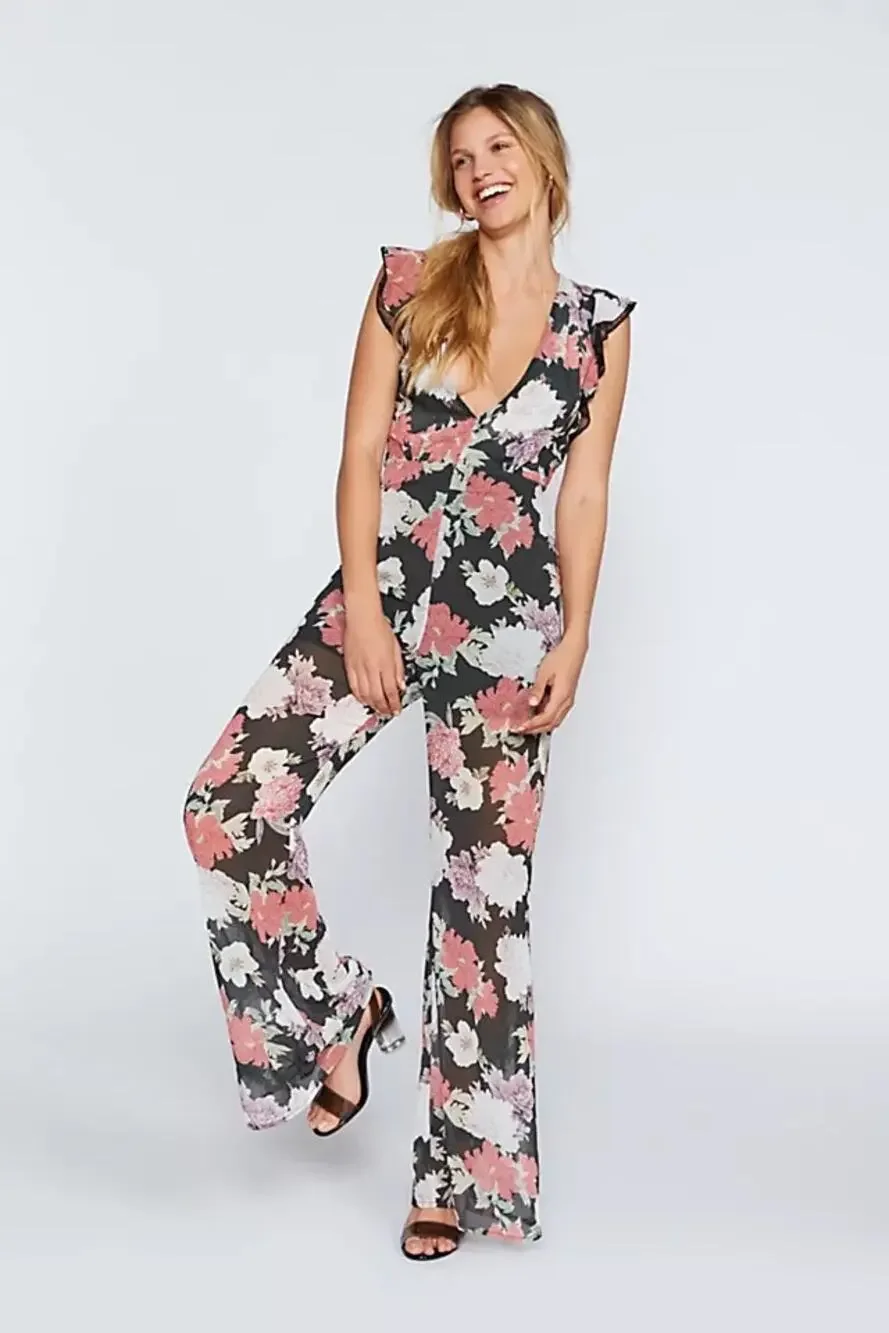 NWT We Are Kindred Field Bouquet Jumpsuit Size 4 Black Floral Wide Leg